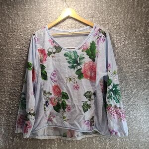 KAKTUS 100% Linen Top Sz L Floral Blue Made in Italy Lagenlook Roll Tab Sleeve